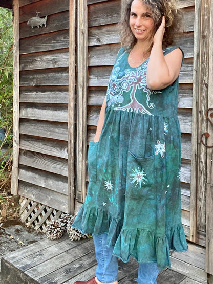 Mist in the Moss Green Forest - Farmer's Market Pocket Dress - Size 2X Batik Dresses Batikwalla 