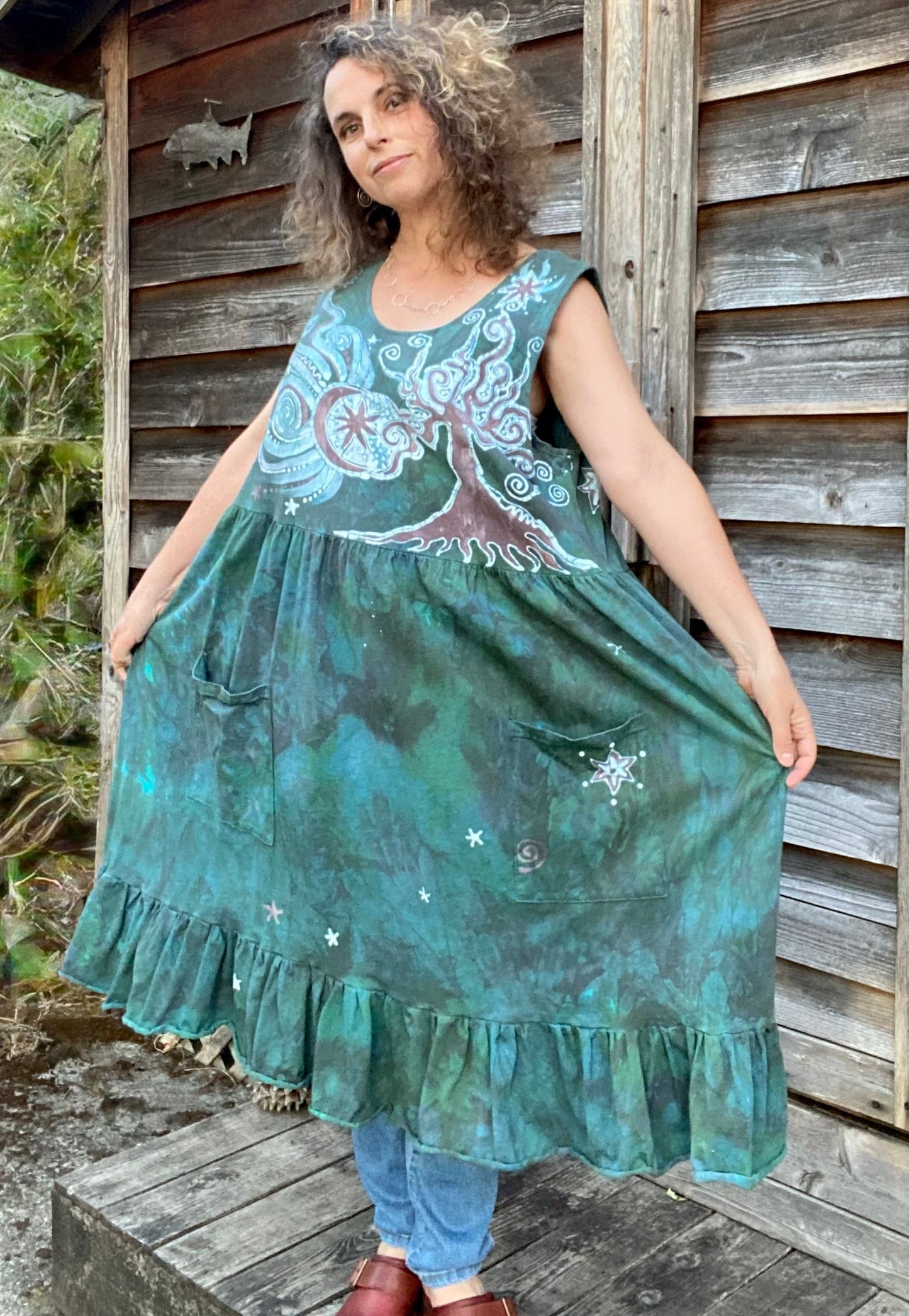 Mist in the Moss Green Forest - Farmer's Market Pocket Dress - Size 2X Batik Dresses Batikwalla 