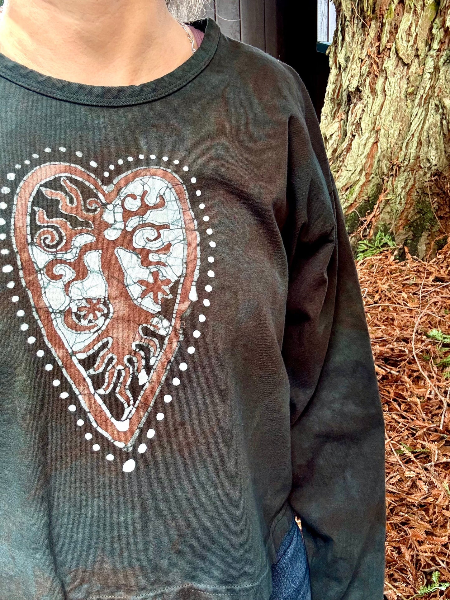 Forest Green Heart Tree Batik Long Sleeve Batik T-Shirt Batikwalla by Victoria Medium 