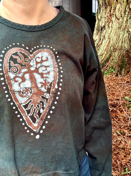 Forest Green Heart Tree Batik Long Sleeve Batik T-Shirt Batikwalla by Victoria Medium 
