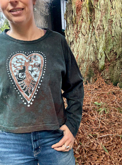 Forest Green Heart Tree Batik Long Sleeve Batik T-Shirt Batikwalla by Victoria 