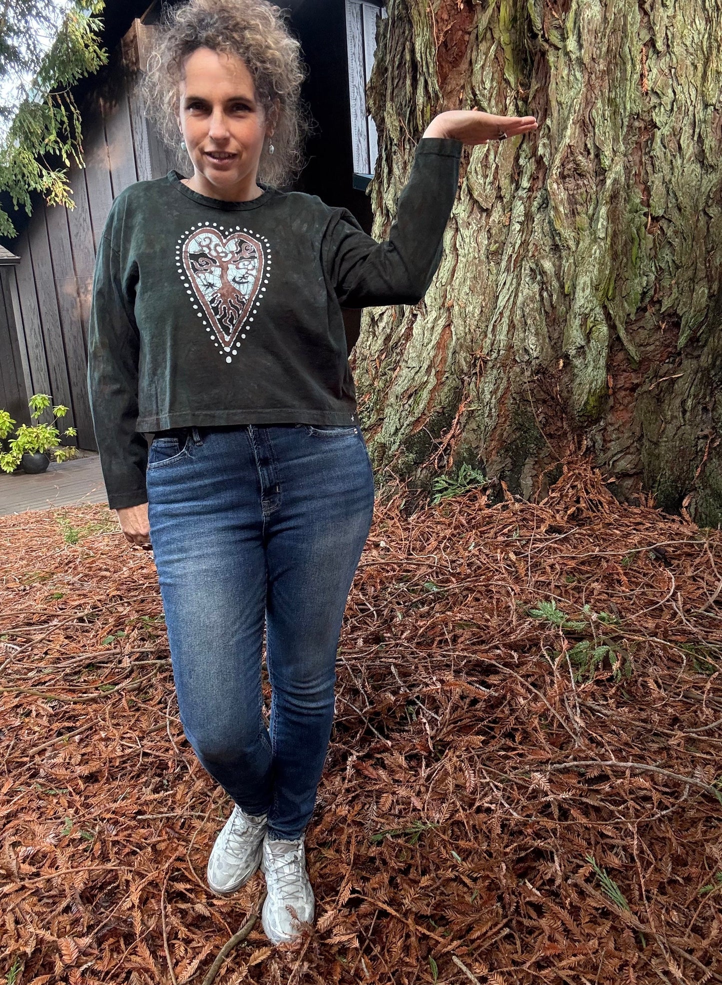 Forest Green Heart Tree Batik Long Sleeve Batik T-Shirt Batikwalla by Victoria 