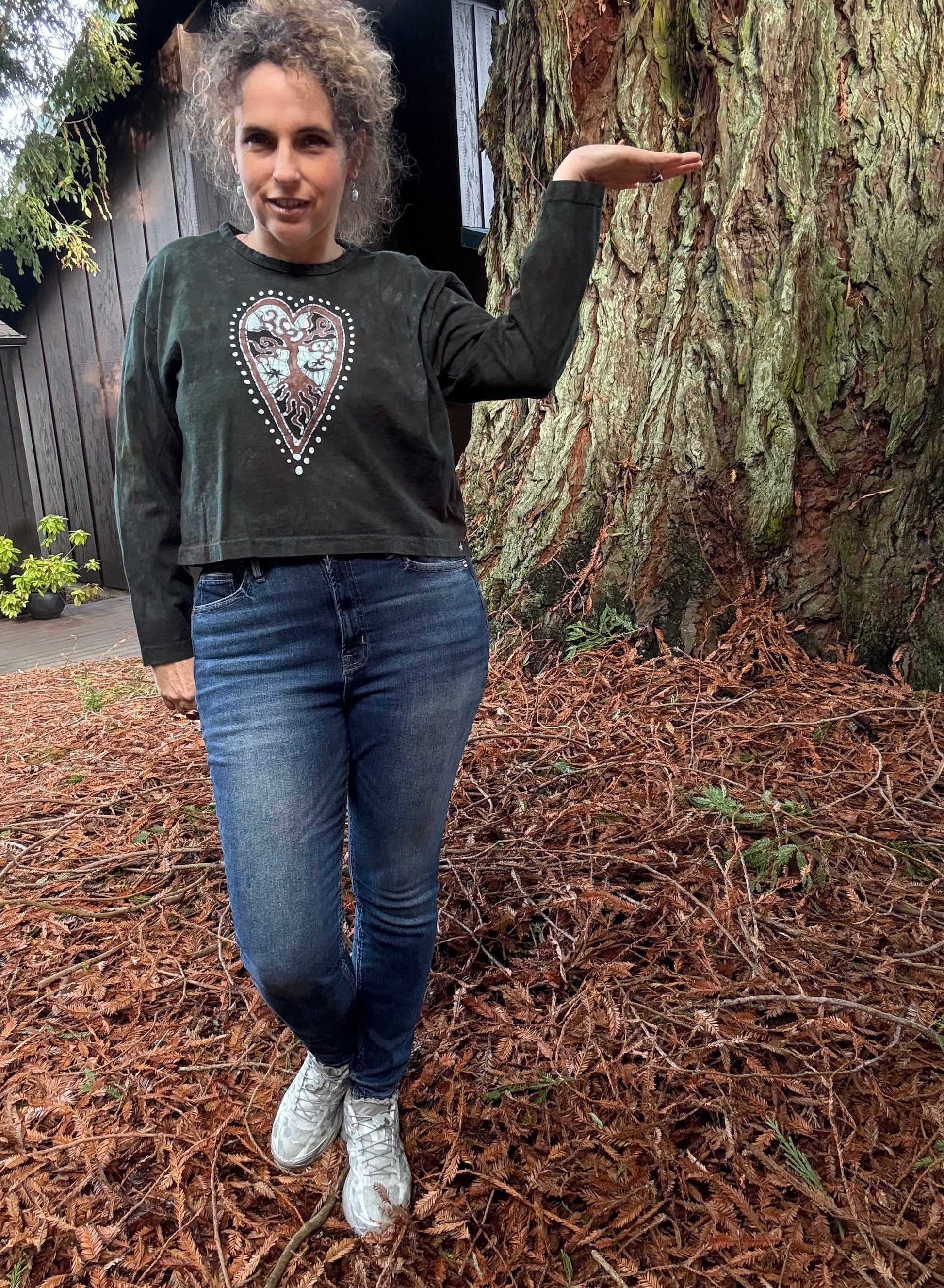 Forest Green Heart Tree Batik Long Sleeve Batik T-Shirt Batikwalla by Victoria 