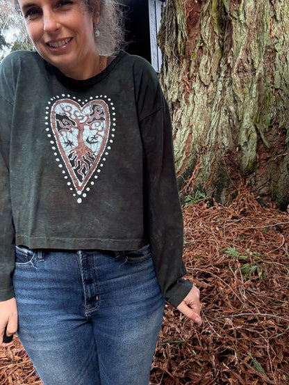 Forest Green Heart Tree Batik Long Sleeve Batik T-Shirt Batikwalla by Victoria 