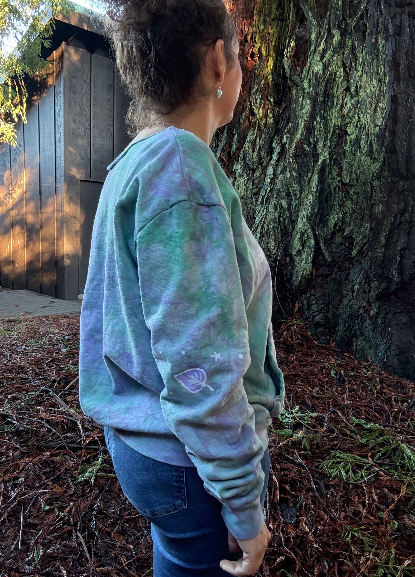 Sweetheart Tree Long Sleeve Cozy Shirt – Hand-Painted in Light Teal and Lavender Batikwalla by Victoria Small 
