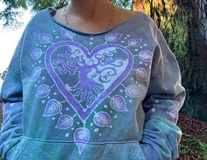Sweetheart Tree Long Sleeve Cozy Shirt – Hand-Painted in Light Teal and Lavender Batikwalla by Victoria Medium 