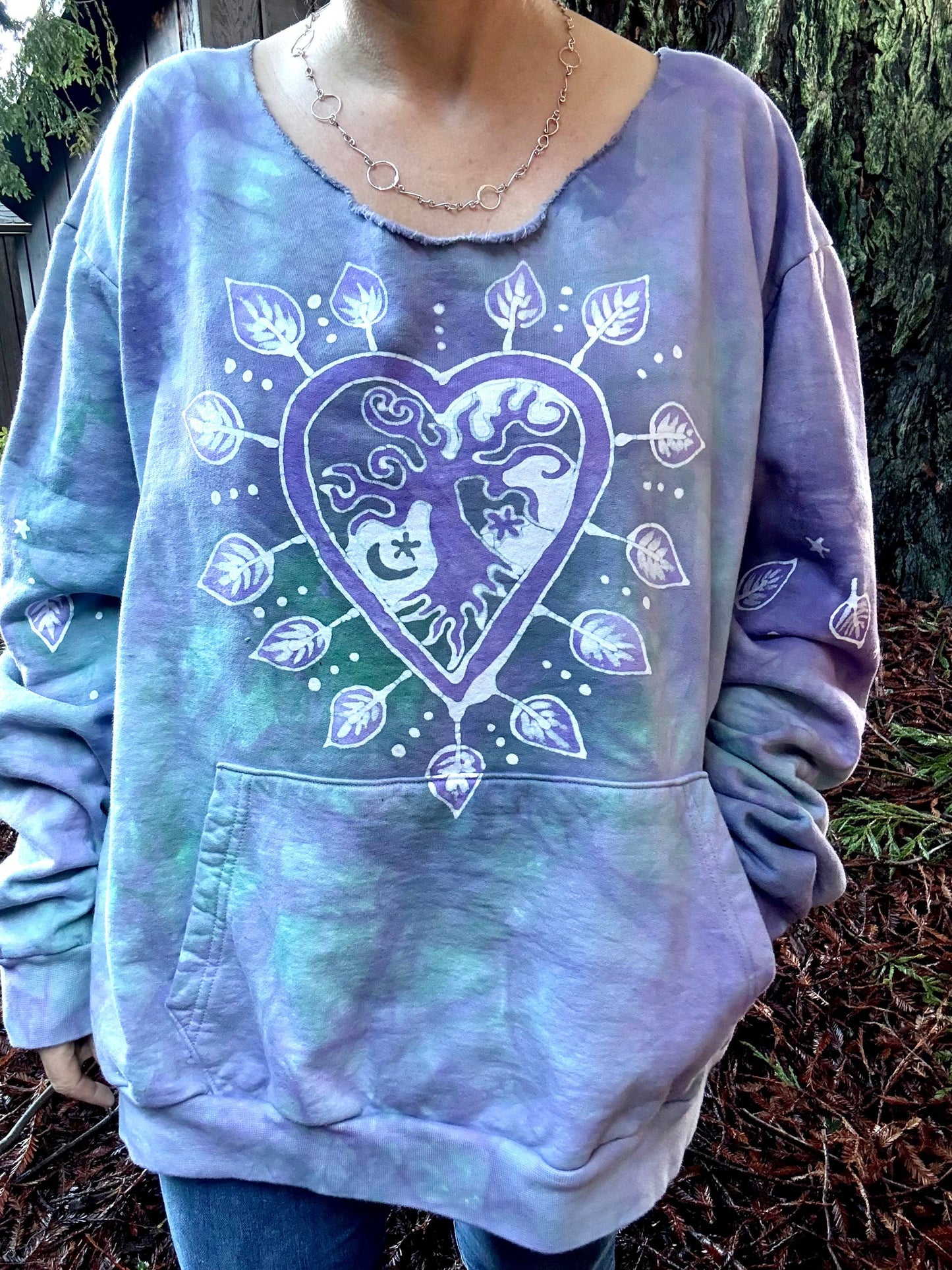 Sweetheart Tree Long Sleeve Cozy Shirt – Hand-Painted in Light Teal and Lavender Shirts & Tops Batikwalla by Victoria 