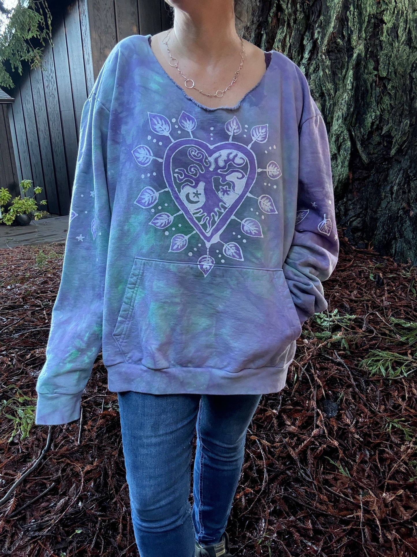 Sweetheart Tree Long Sleeve Cozy Shirt – Hand-Painted in Light Teal and Lavender Batikwalla by Victoria Large 
