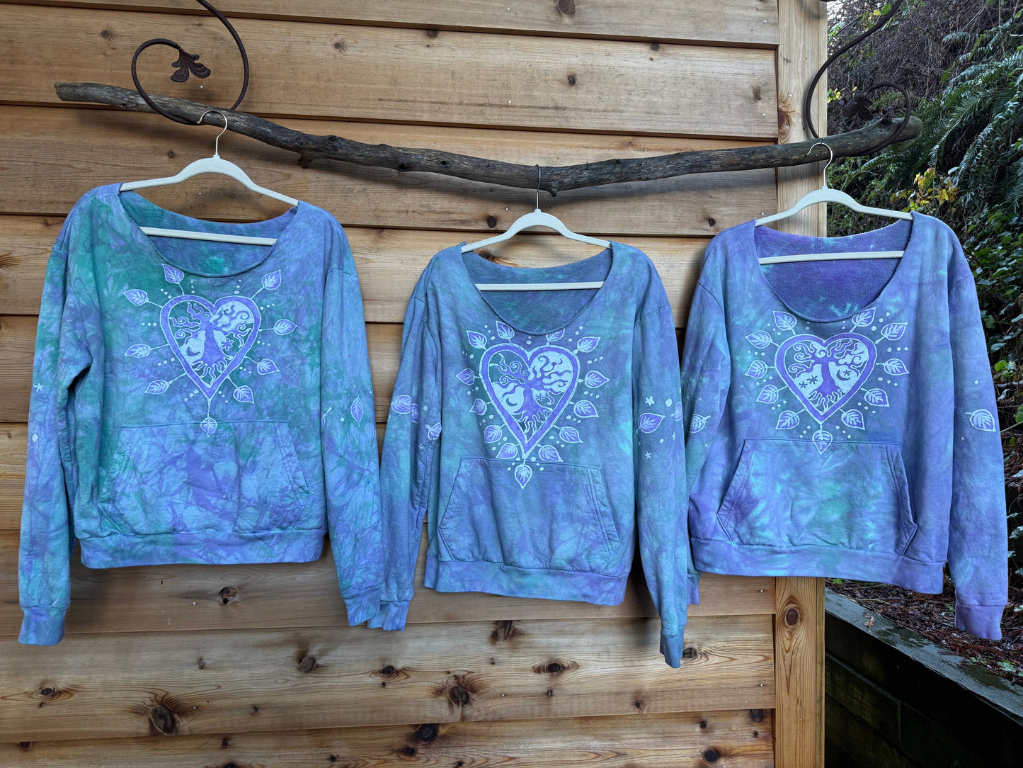 Sweetheart Tree Long Sleeve Cozy Shirt – Hand-Painted in Light Teal and Lavender Batikwalla by Victoria 