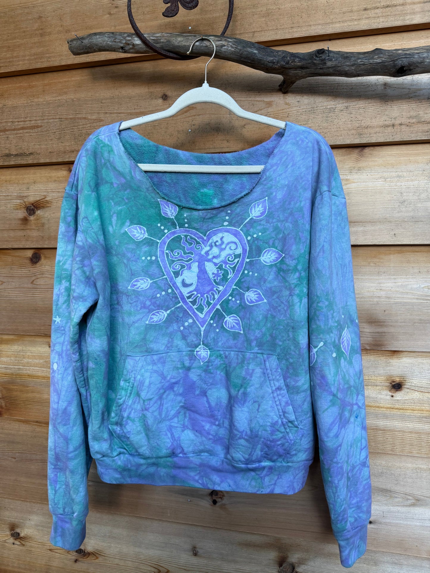 Sweetheart Tree Long Sleeve Cozy Shirt – Hand-Painted in Light Teal and Lavender Batikwalla by Victoria 