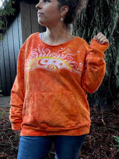 Safety Orange Wavy Horizon Open Neckline Batik Sweatshirt – Hand-Painted Sunset & Star Design Batikwalla by Victoria Medium 