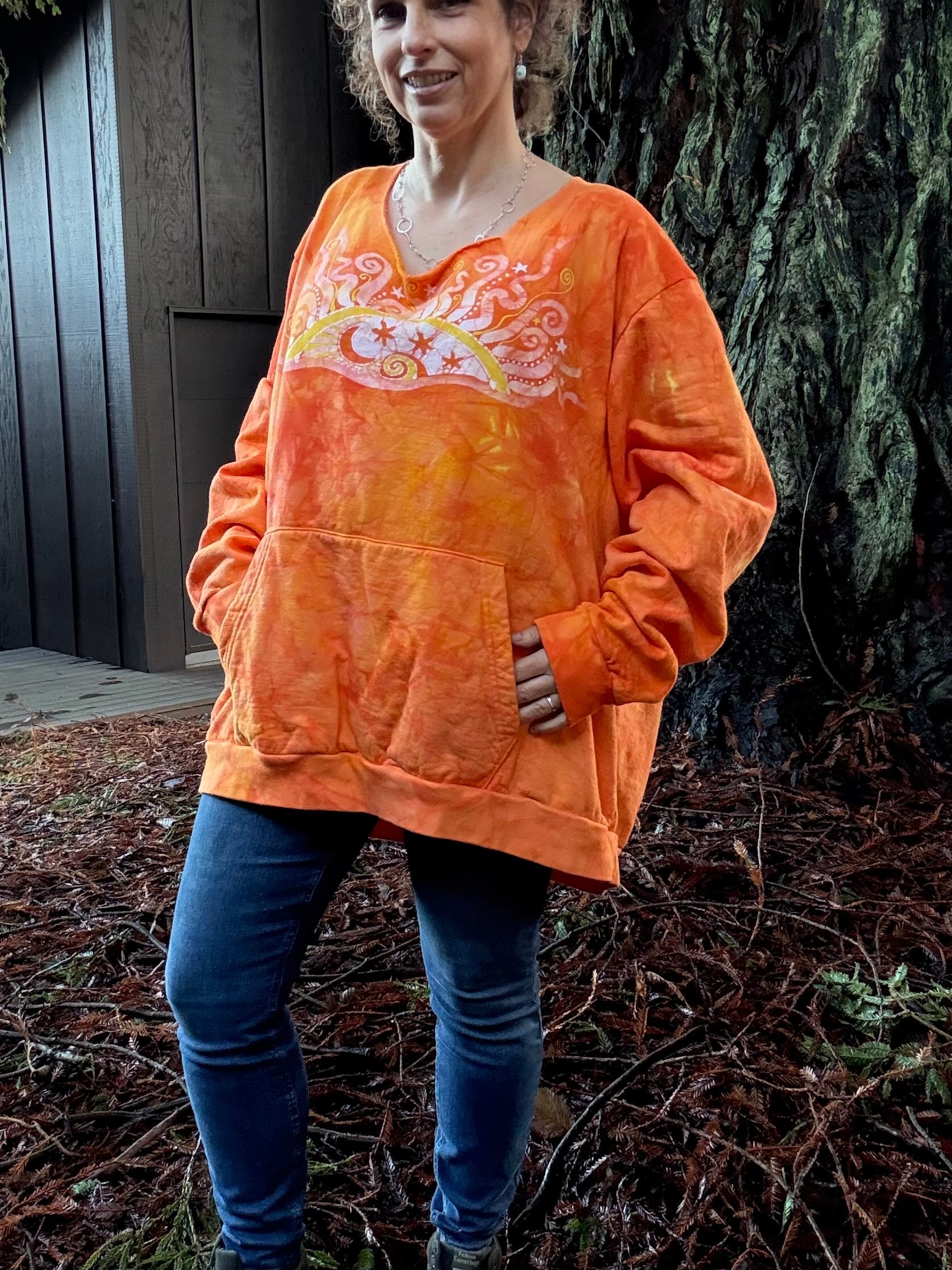 Safety Orange Wavy Horizon Open Neckline Batik Sweatshirt – Hand-Painted Sunset & Star Design Batikwalla by Victoria XL 