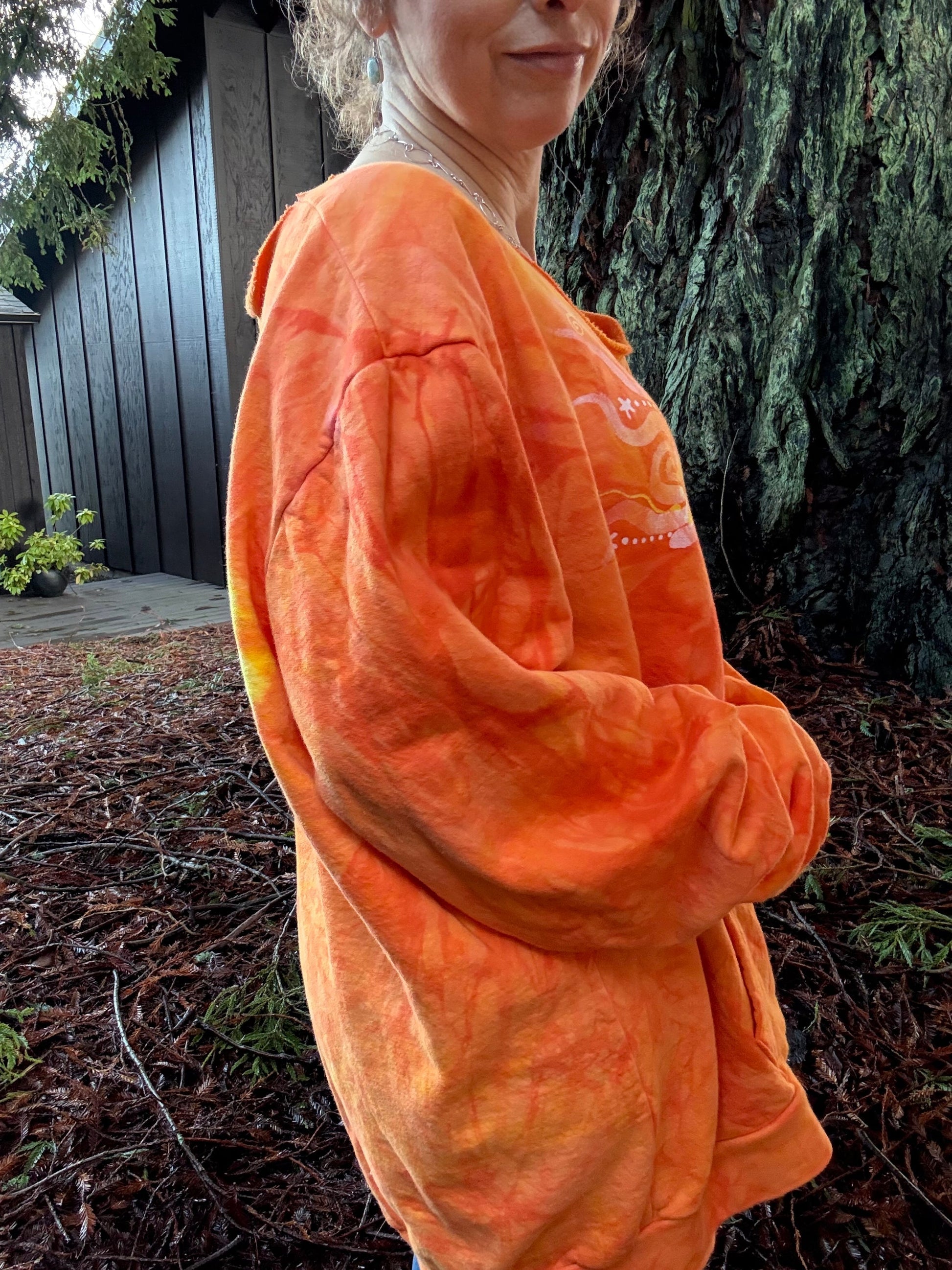 Safety Orange Wavy Horizon Open Neckline Batik Sweatshirt – Hand-Painted Sunset & Star Design Batikwalla by Victoria XXL 