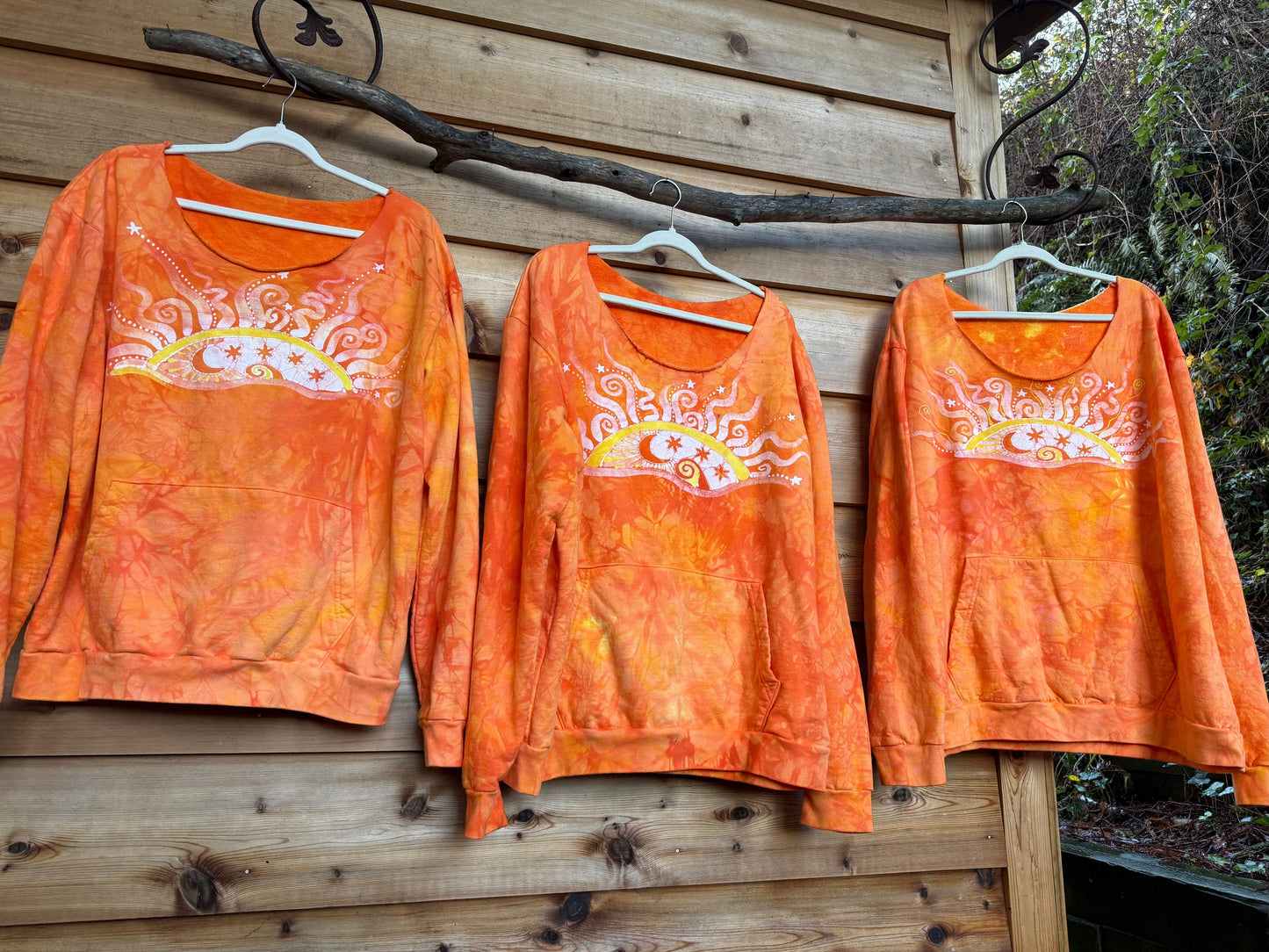 Safety Orange Wavy Horizon Open Neckline Batik Sweatshirt – Hand-Painted Sunset & Star Design Batikwalla by Victoria 