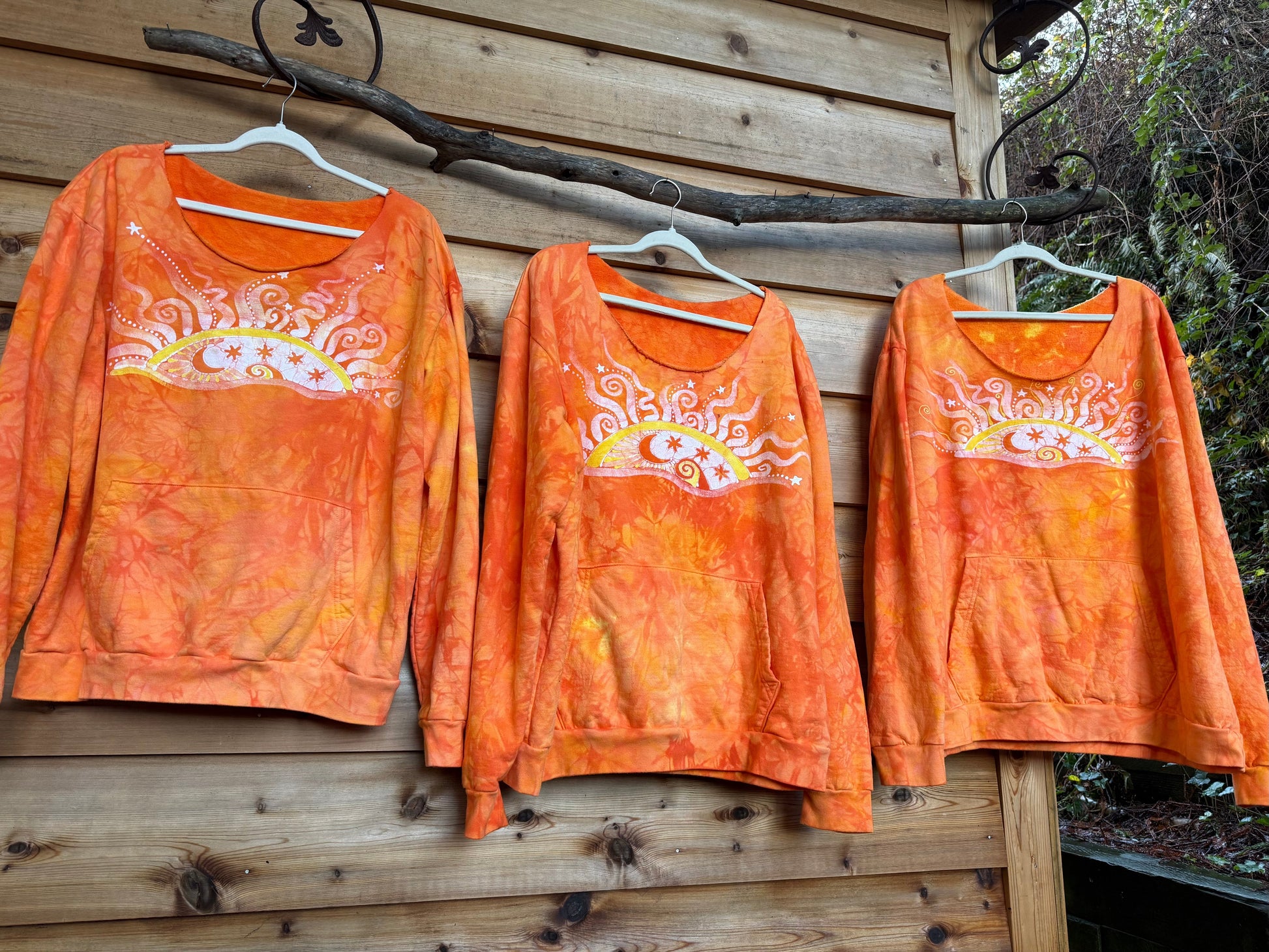 Safety Orange Wavy Horizon Open Neckline Batik Sweatshirt – Hand-Painted Sunset & Star Design Batikwalla by Victoria 