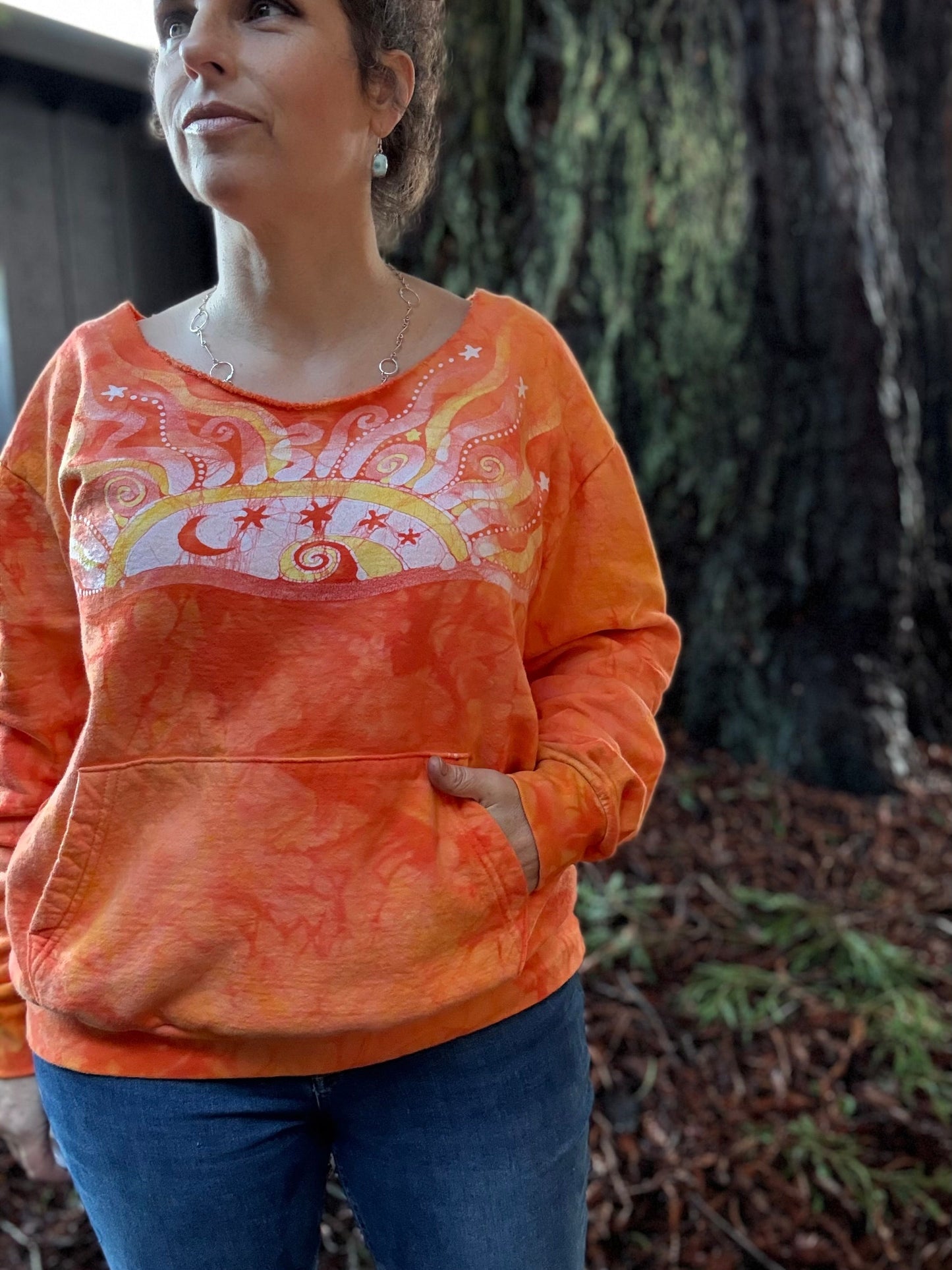 Safety Orange Wavy Horizon Open Neckline Batik Sweatshirt – Hand-Painted Sunset & Star Design Batikwalla by Victoria Small 