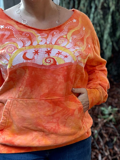 Safety Orange Wavy Horizon Open Neckline Batik Sweatshirt – Hand-Painted Sunset & Star Design Batikwalla by Victoria 