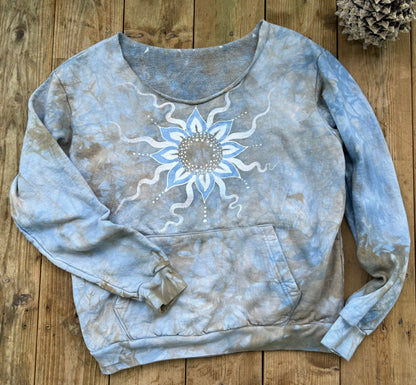 Prairie Sun Batik Mandala Puffy Crewneck Sweatshirt – Hand-Painted With Stars and Leaf Design Batikwalla by Victoria 