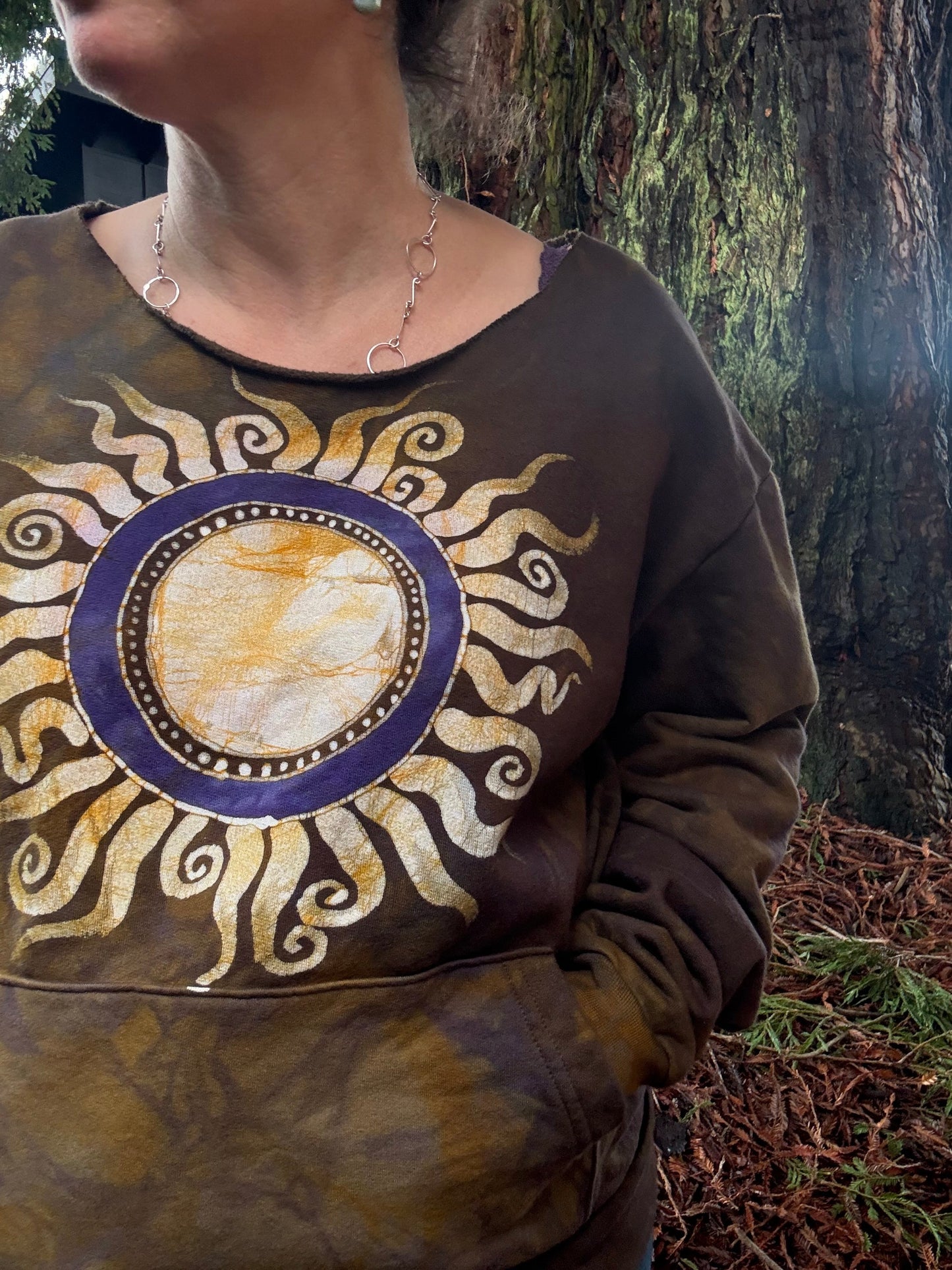 Dark Gold Sun Mandala Batik Sweatshirt – Hand-Painted Open Neckline with Pockets Batikwalla by Victoria XS 