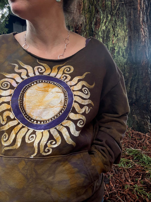 Dark Gold Sun Mandala Batik Sweatshirt – Hand-Painted Open Neckline with Pockets Batikwalla by Victoria XS 
