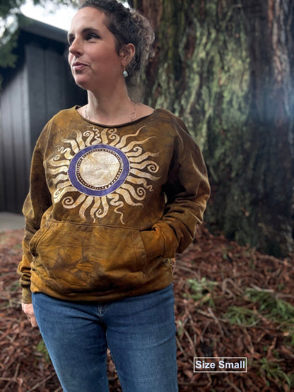 Dark Gold Sun Mandala Batik Sweatshirt – Hand-Painted Open Neckline with Pockets Batikwalla by Victoria Small 