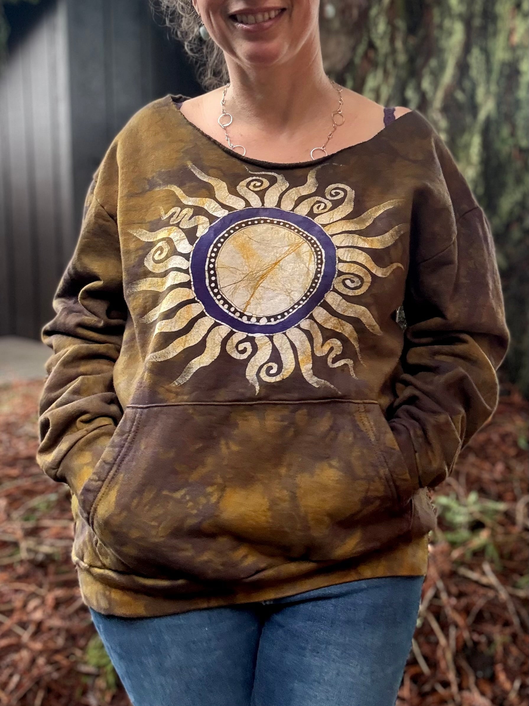 Dark Gold Sun Mandala Batik Sweatshirt – Hand-Painted Open Neckline with Pockets Batikwalla by Victoria Medium 