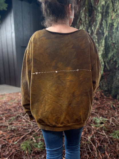 Dark Gold Sun Mandala Batik Sweatshirt – Hand-Painted Open Neckline with Pockets Batikwalla by Victoria 