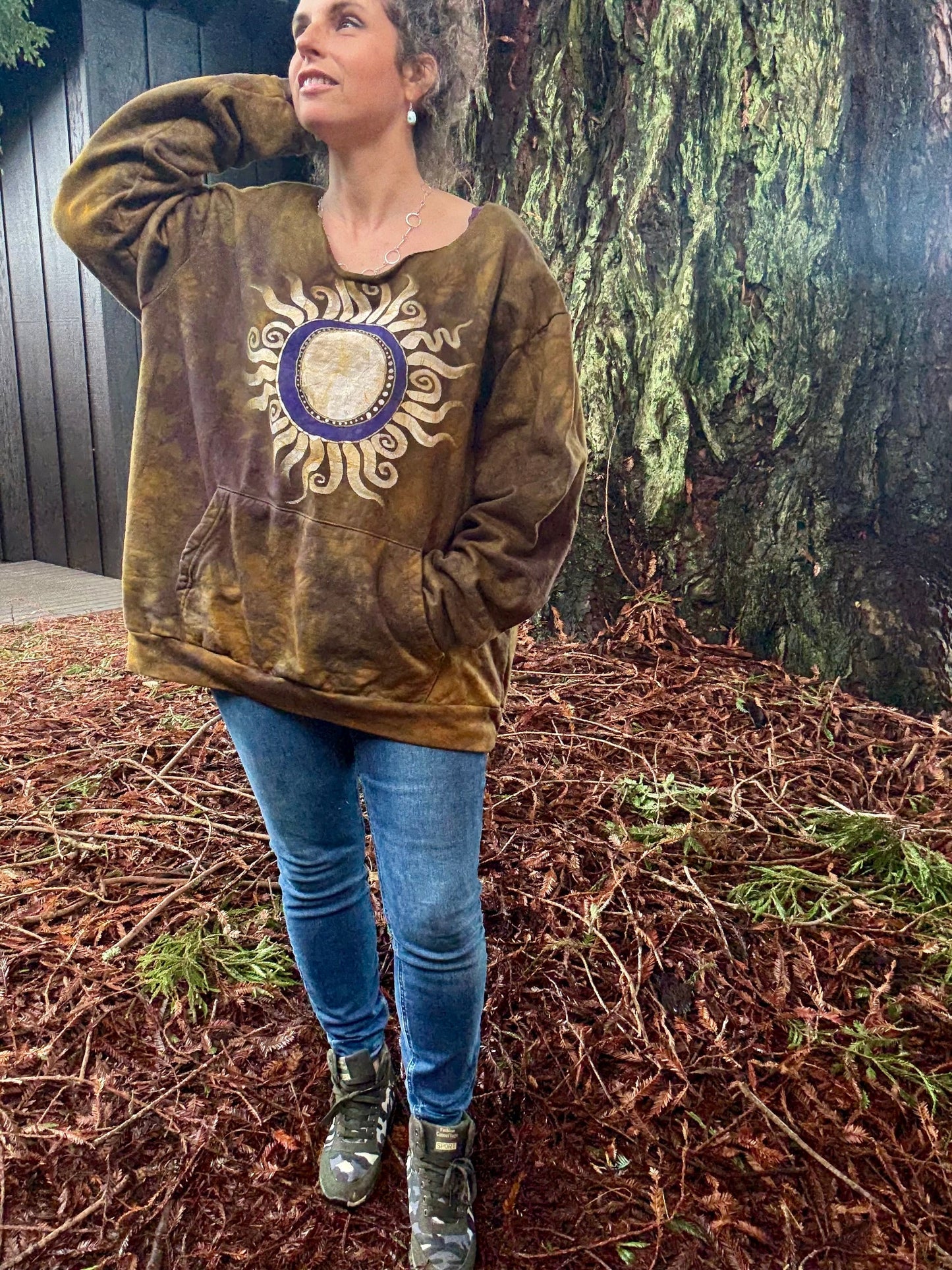 Dark Gold Sun Mandala Batik Sweatshirt – Hand-Painted Open Neckline with Pockets Batikwalla by Victoria XL 