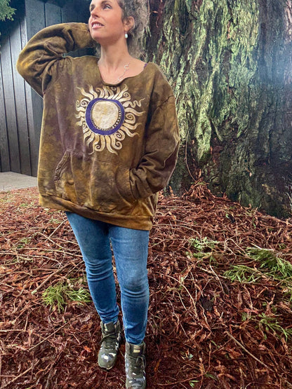 Dark Gold Sun Mandala Batik Sweatshirt – Hand-Painted Open Neckline with Pockets Batikwalla by Victoria XL 