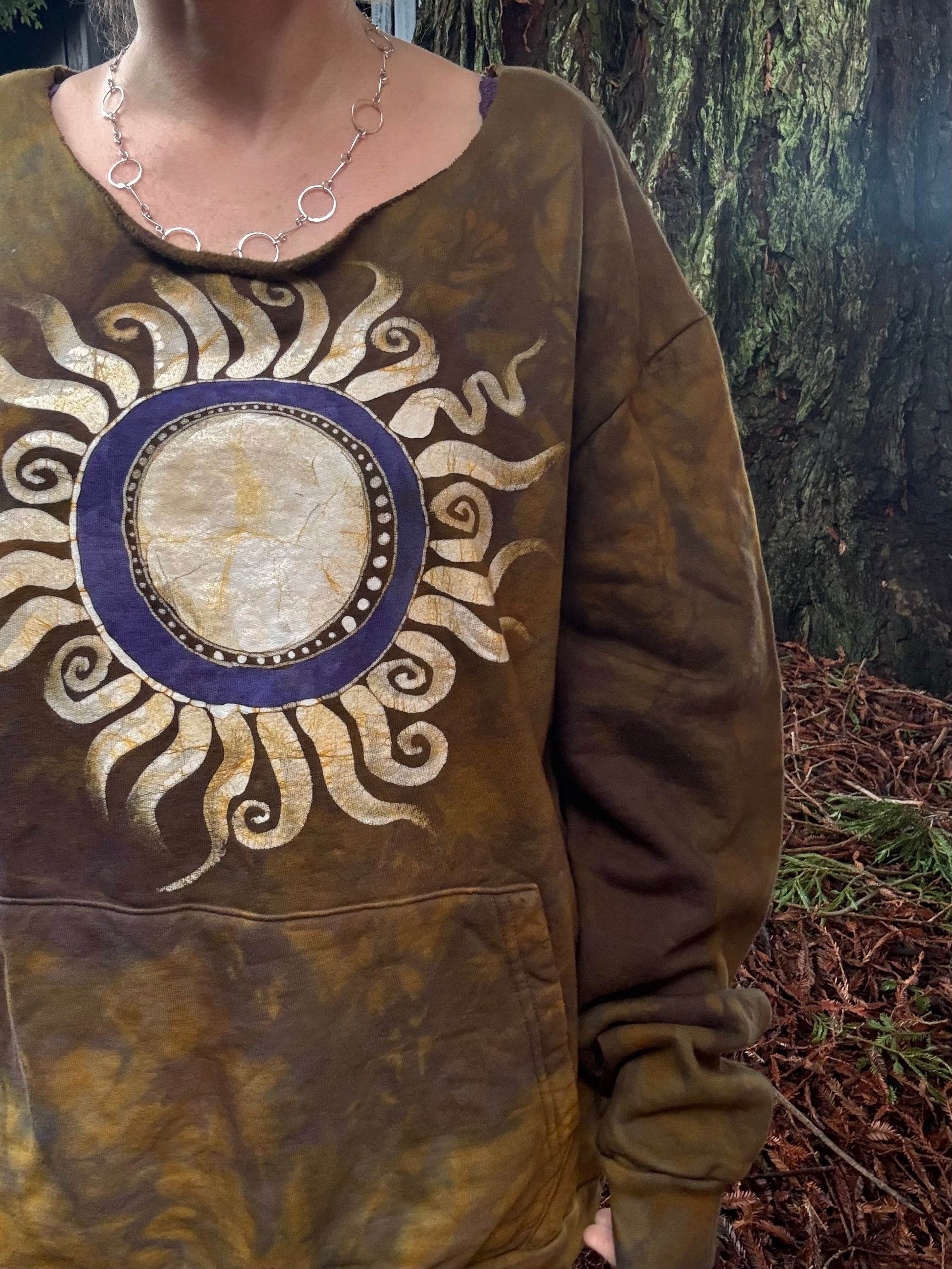 Dark Gold Sun Mandala Batik Sweatshirt – Hand-Painted Open Neckline with Pockets Batikwalla by Victoria Large 