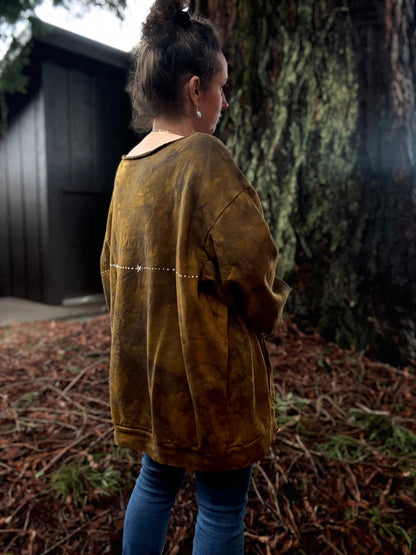 Dark Gold Sun Mandala Batik Sweatshirt – Hand-Painted Open Neckline with Pockets Batikwalla by Victoria XXL 