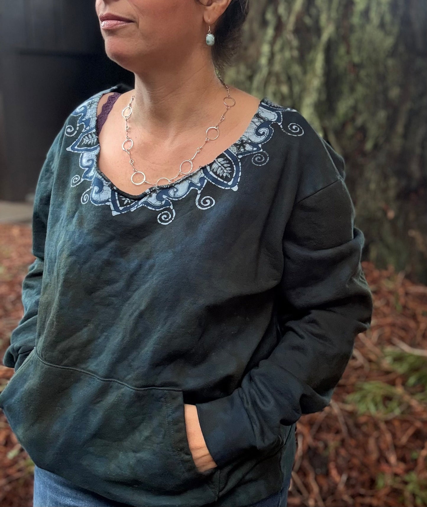 Deep Teal Batik Necklace Sweatshirt – Hand-Painted With Stars and Leaf Design - Open Neckline Batikwalla by Victoria Medium 