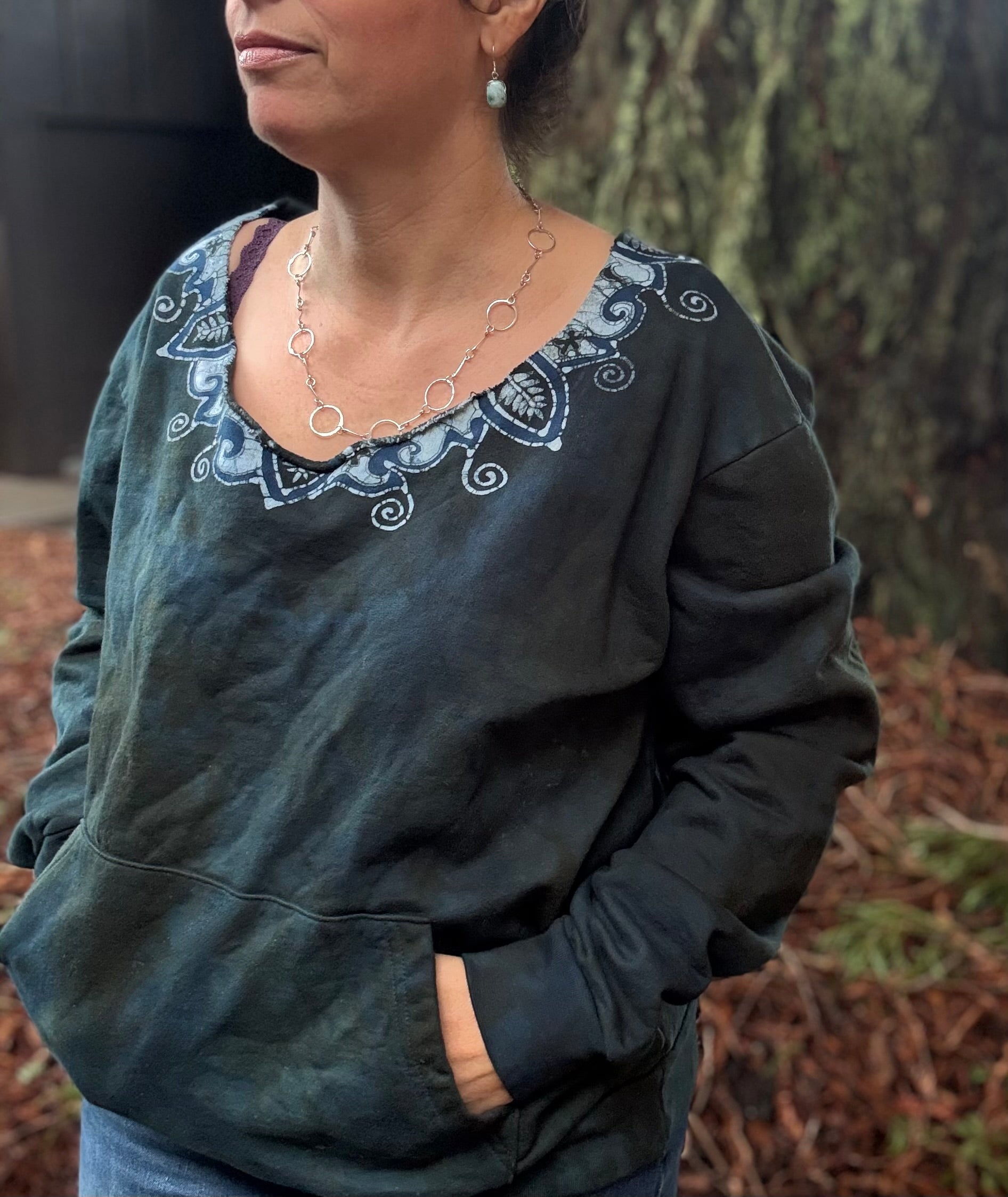 Deep Teal Batik Necklace Sweatshirt – Hand-Painted With Stars and Leaf Design - Open Neckline Batikwalla by Victoria Medium 