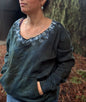 Deep Teal Batik Necklace Sweatshirt – Hand-Painted With Stars and Leaf Design - Open Neckline Batikwalla by Victoria Medium 
