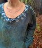 Deep Teal Batik Necklace Sweatshirt – Hand-Painted With Stars and Leaf Design - Open Neckline Batikwalla by Victoria 