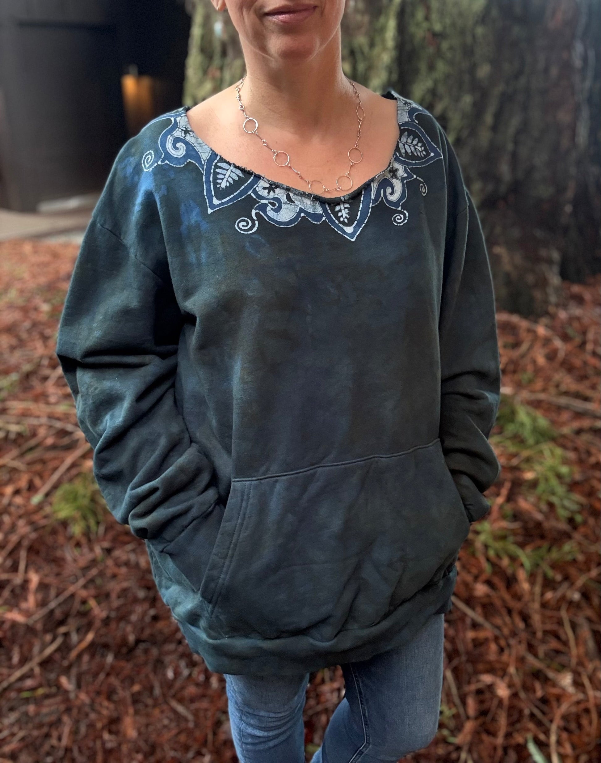 Deep Teal Batik Necklace Sweatshirt – Hand-Painted With Stars and Leaf Design - Open Neckline Batikwalla by Victoria XL 