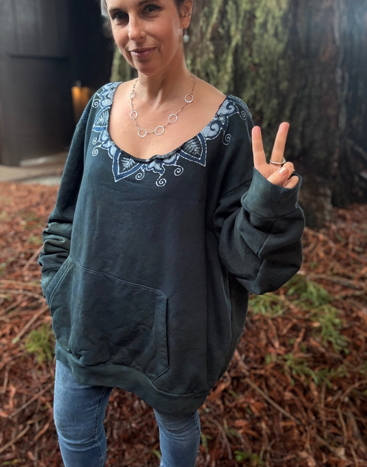 Deep Teal Batik Necklace Sweatshirt – Hand-Painted With Stars and Leaf Design - Open Neckline Batikwalla by Victoria 