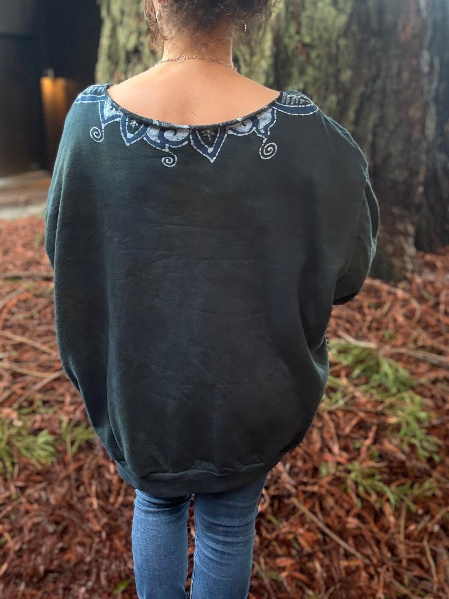 Deep Teal Batik Necklace Sweatshirt – Hand-Painted With Stars and Leaf Design - Open Neckline Batikwalla by Victoria 