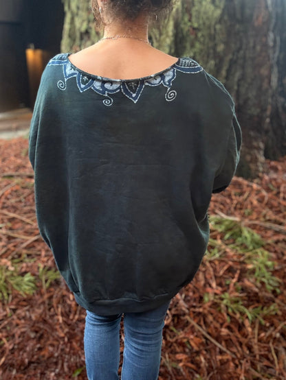 Deep Teal Batik Necklace Sweatshirt – Hand-Painted With Stars and Leaf Design - Open Neckline Batikwalla by Victoria 