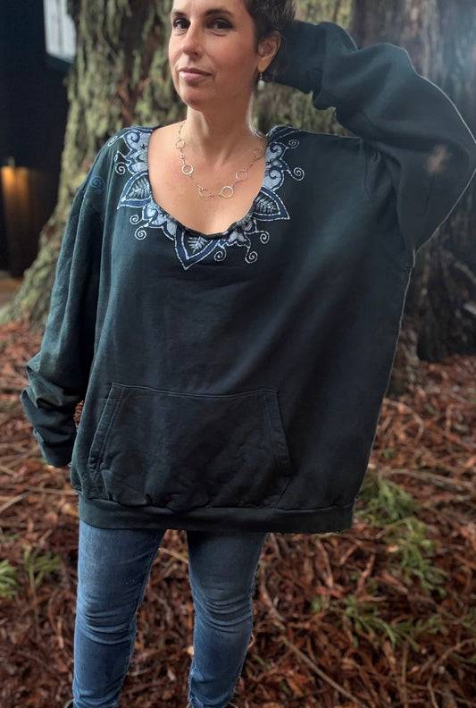 Deep Teal Batik Necklace Sweatshirt – Hand-Painted With Stars and Leaf Design - Open Neckline Batikwalla by Victoria XXL 