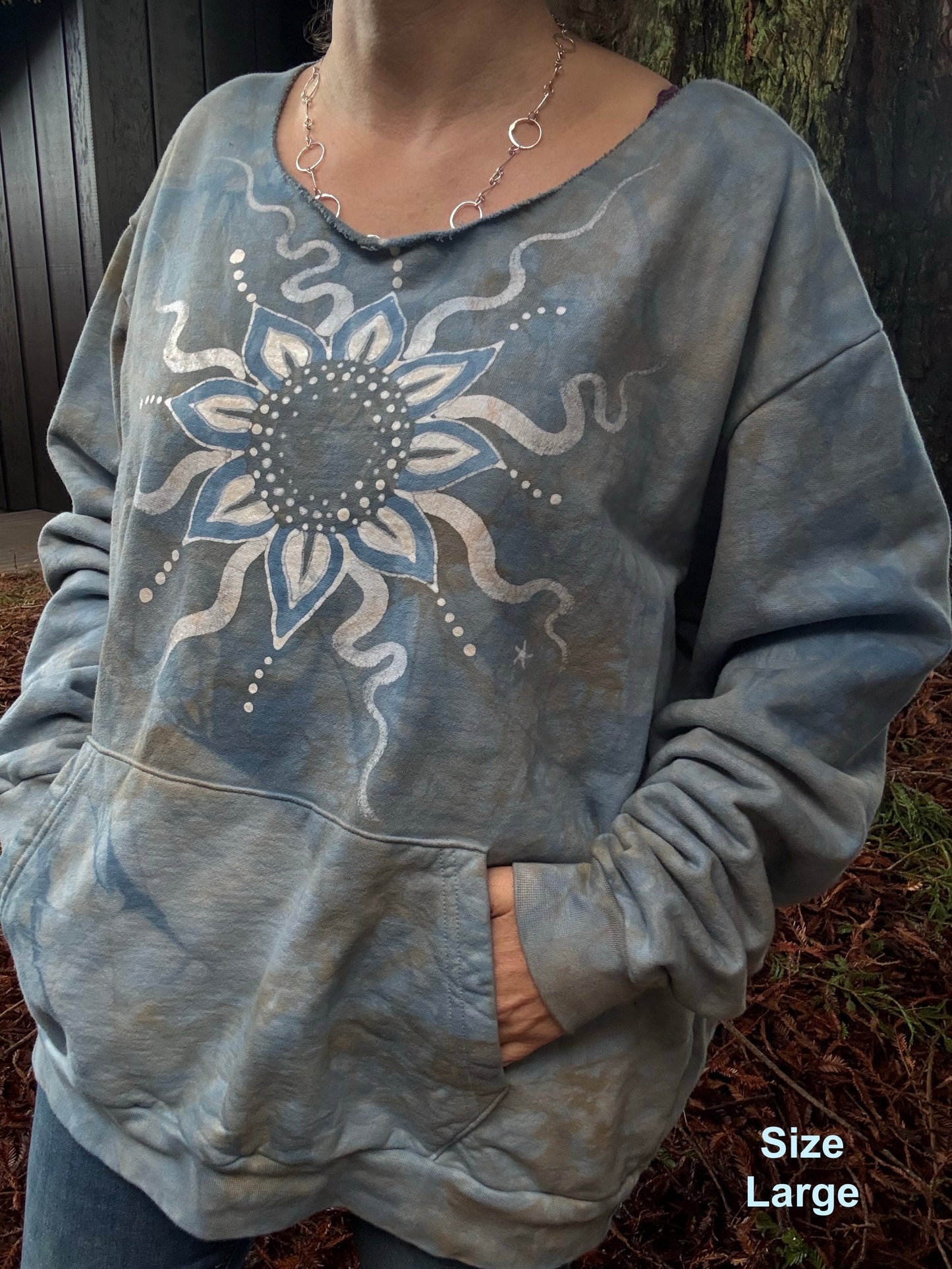 Prairie Sun Batik Mandala Puffy Crewneck Sweatshirt – Hand-Painted With Stars and Leaf Design Batikwalla by Victoria Large 
