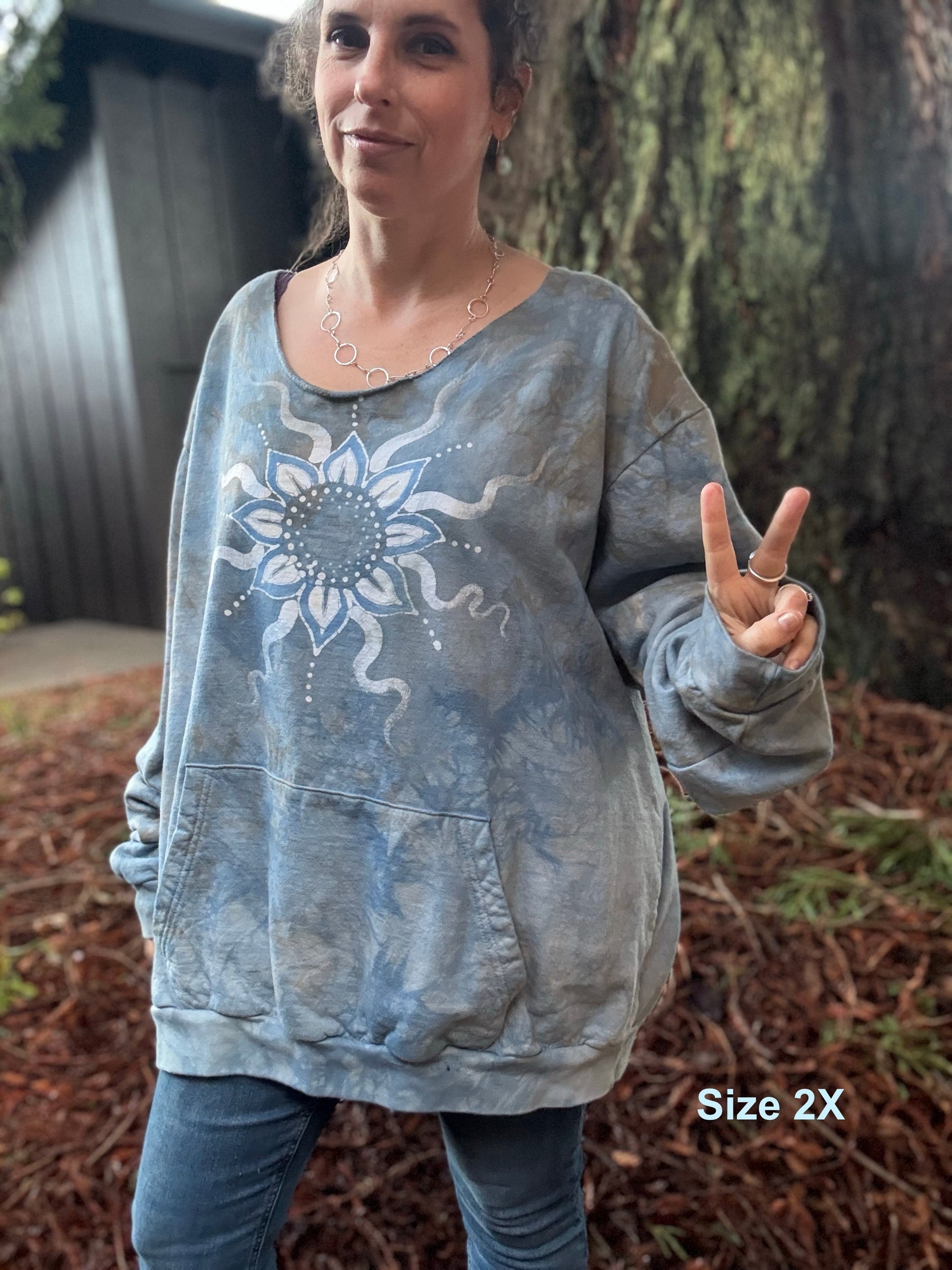 Prairie Sun Batik Mandala Puffy Crewneck Sweatshirt – Hand-Painted With Stars and Leaf Design Batikwalla by Victoria XXL 