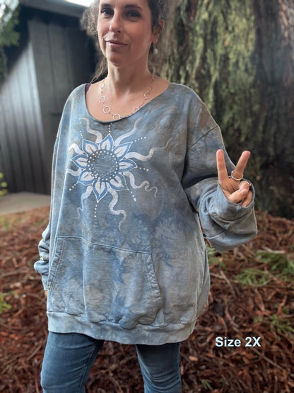 Prairie Sun Batik Mandala Puffy Crewneck Sweatshirt – Hand-Painted With Stars and Leaf Design Batikwalla by Victoria XXL 