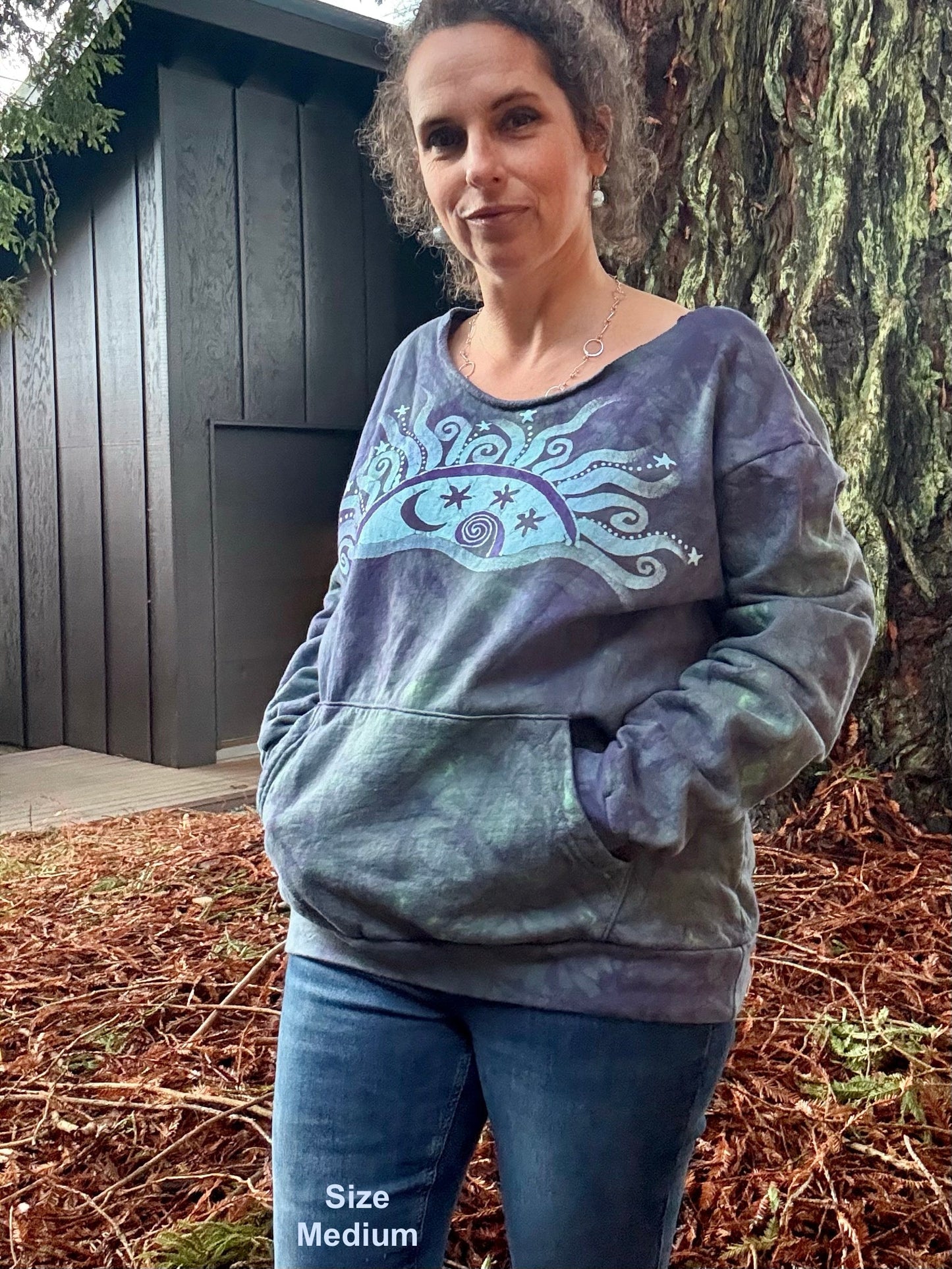 Twilight Sun Batik Puffy Crewneck Sweatshirt – Hand-Painted Sunset & Star Design Batikwalla by Victoria Medium 