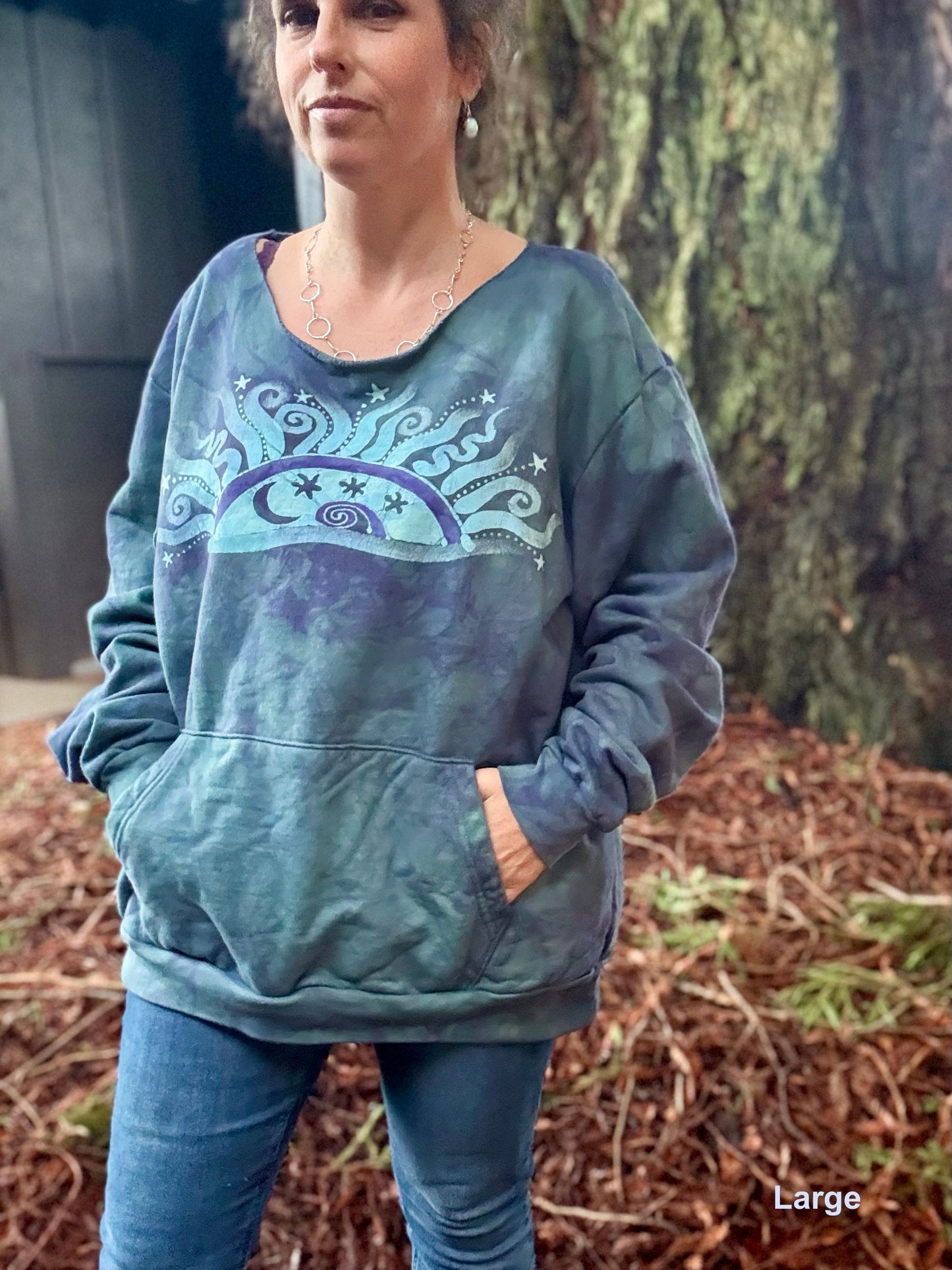 Twilight Sun Batik Puffy Crewneck Sweatshirt – Hand-Painted Sunset & Star Design Batikwalla by Victoria Large 