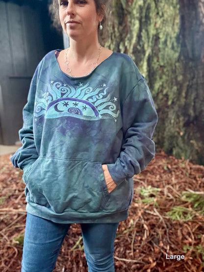 Twilight Sun Batik Puffy Crewneck Sweatshirt – Hand-Painted Sunset & Star Design Batikwalla by Victoria Large 