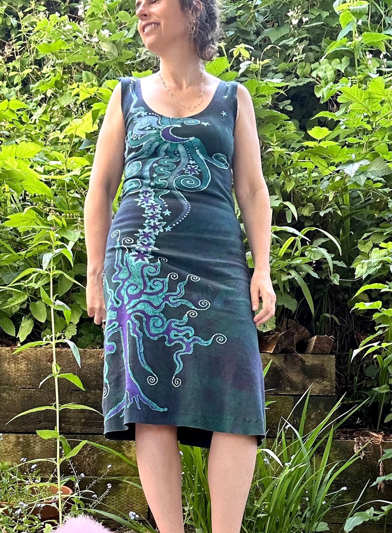 Magnificent Teal Tree Handmade Batik Dress - Size M Batik Dresses Batikwalla 