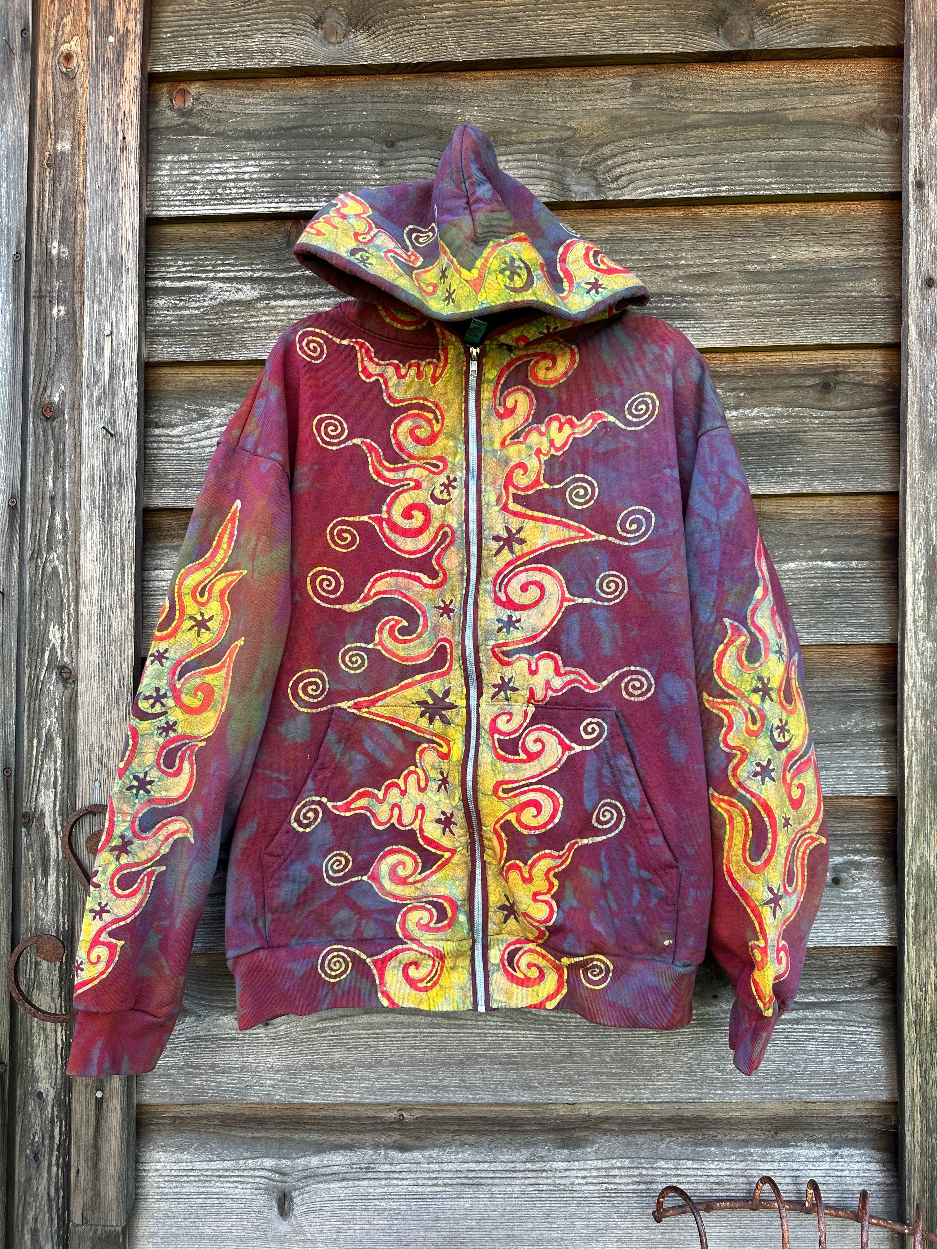 Driftwood Bonfire Handcrafted Batik Zipper Hoodie Unisex Size XL