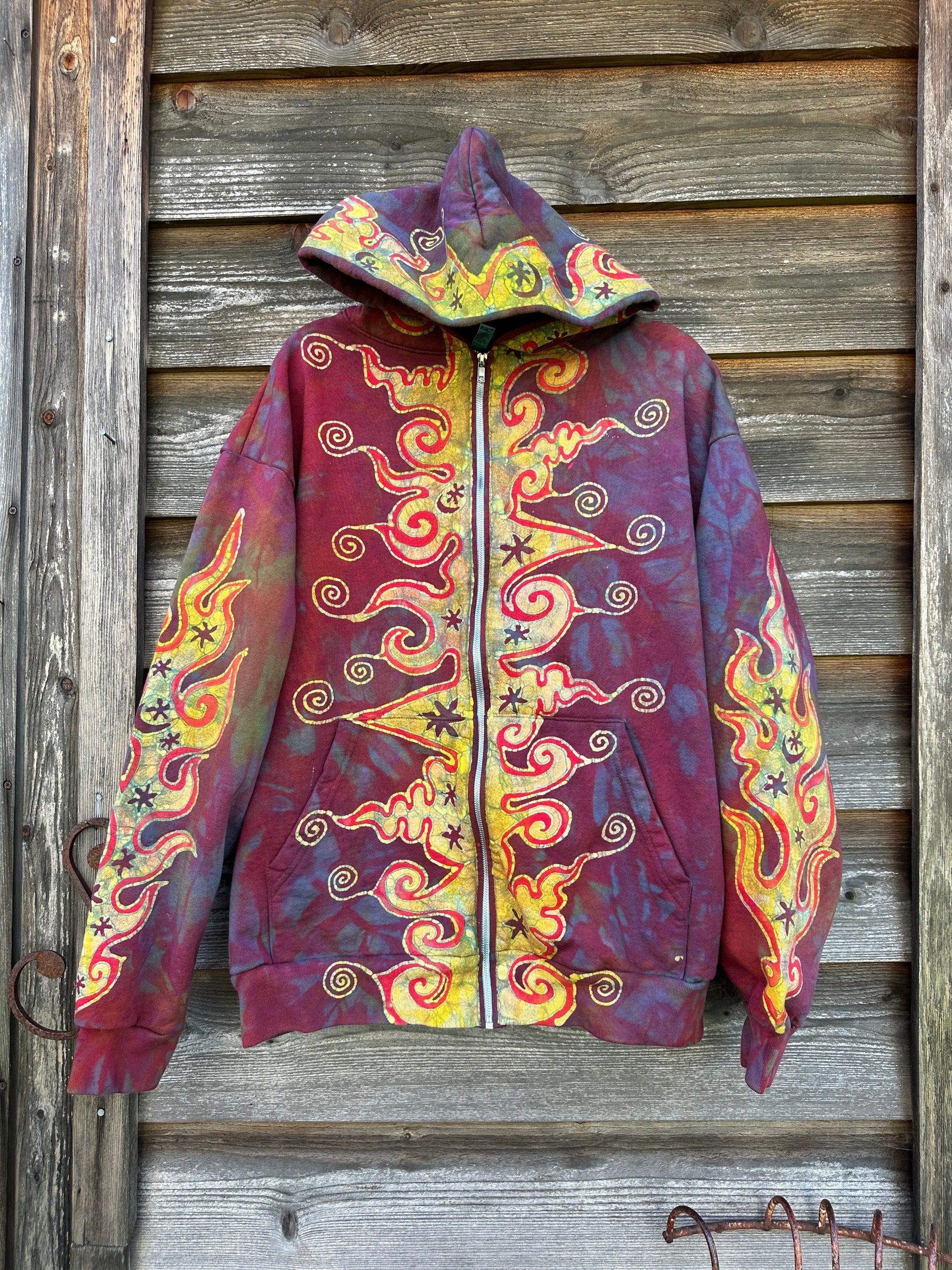 Driftwood Bonfire Handcrafted Batik Zipper Hoodie - Size XL – Batikwalla by Victoria driftwood-bonfire-handcrafted-batik-zipper-hoodie-size-xl-batikwalla-by-victoria