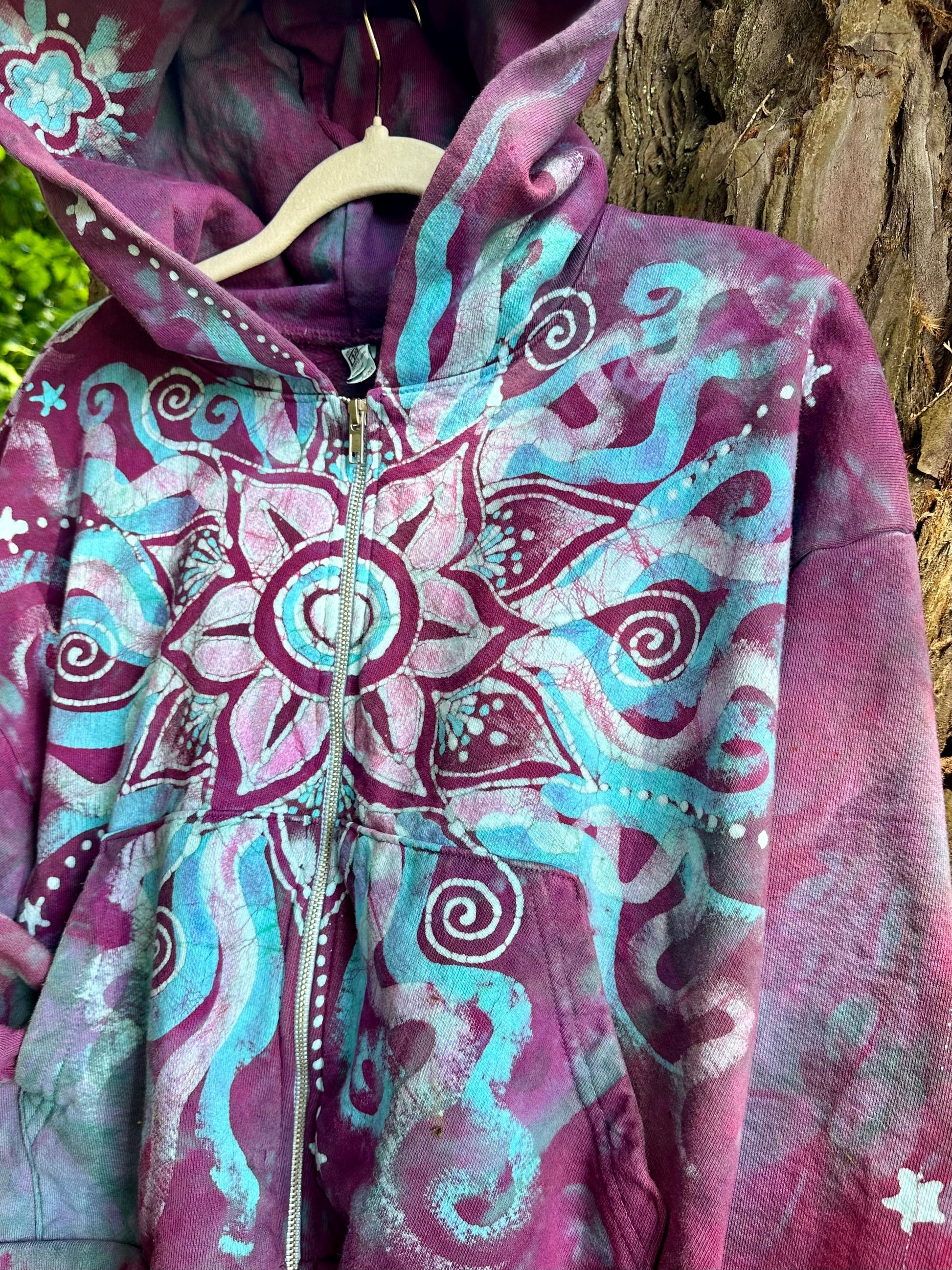 Pacific Bliss Lotus Flower Handmade Batik Hoodie - Turquoise Waves hoodie batikwalla 